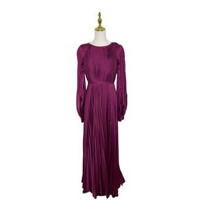 Mac Duggal Ieena 26590 Berry Pleated Long Sleeve Satin A-Line Dress Size 6 $498